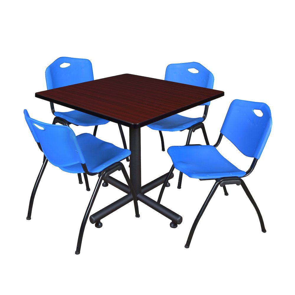 36 in. Square X-Base Breakroom Table- Mahogany, 4 M Stack Chairs- Blue