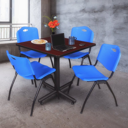 36 in. Square X-Base Breakroom Table- Mahogany, 4 M Stack Chairs- Blue