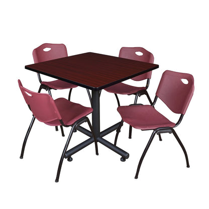 36 in. Square X-Base Breakroom Table- Mahogany, 4 M Stack Chairs- Burgundy