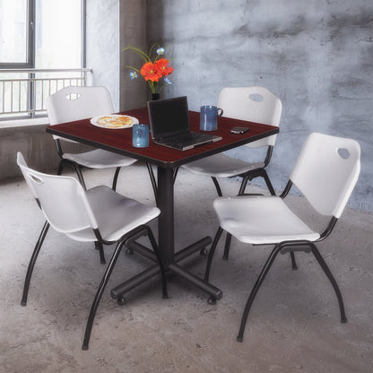 36 in. Square X-Base Breakroom Table- Mahogany, 4 M Stack Chairs- Grey