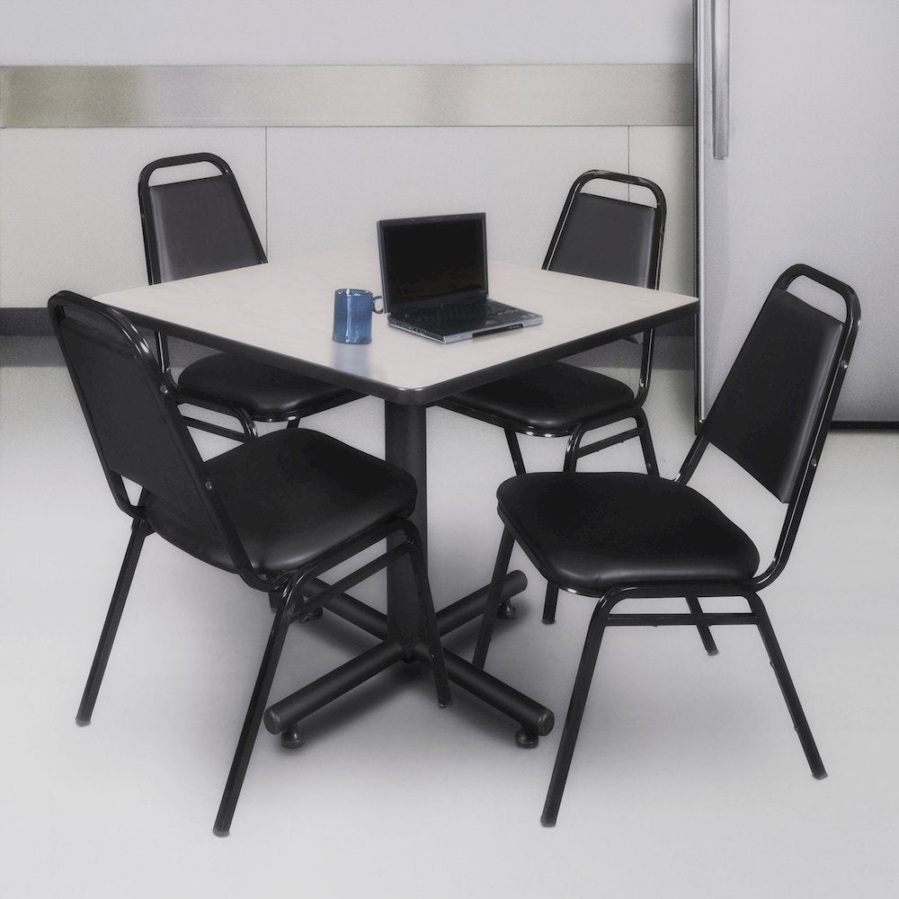 36 in. Square X-Base Breakroom Table- Maple, 4 Restaurant Stack Chairs- Black