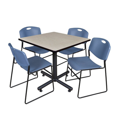 36 in. Square X-Base Breakroom Table- Maple, 4 Zeng Stack Chairs- Blue