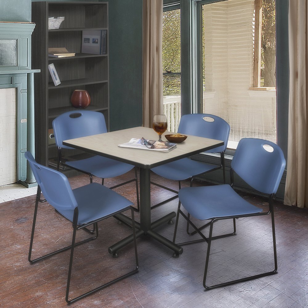 36 in. Square X-Base Breakroom Table- Maple, 4 Zeng Stack Chairs- Blue