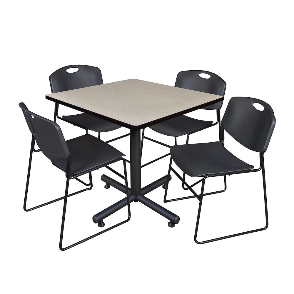 36 in. Square X-Base Breakroom Table- Maple, 4 Zeng Stack Chairs- Black
