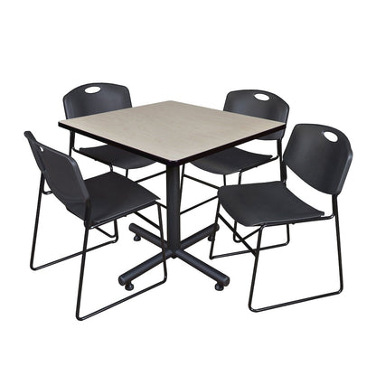 36 in. Square X-Base Breakroom Table- Maple, 4 Zeng Stack Chairs- Black