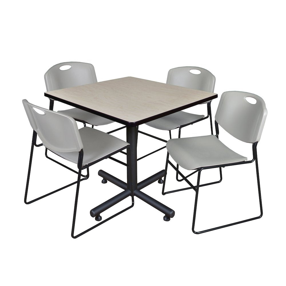 36 in. Square X-Base Breakroom Table- Maple, 4 Zeng Stack Chairs- Grey