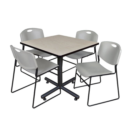 36 in. Square X-Base Breakroom Table- Maple, 4 Zeng Stack Chairs- Grey
