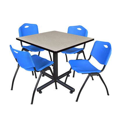 36 in. Square X-Base Breakroom Table- Maple, 4 M Stack Chairs- Blue