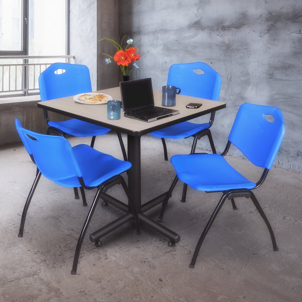 36 in. Square X-Base Breakroom Table- Maple, 4 M Stack Chairs- Blue