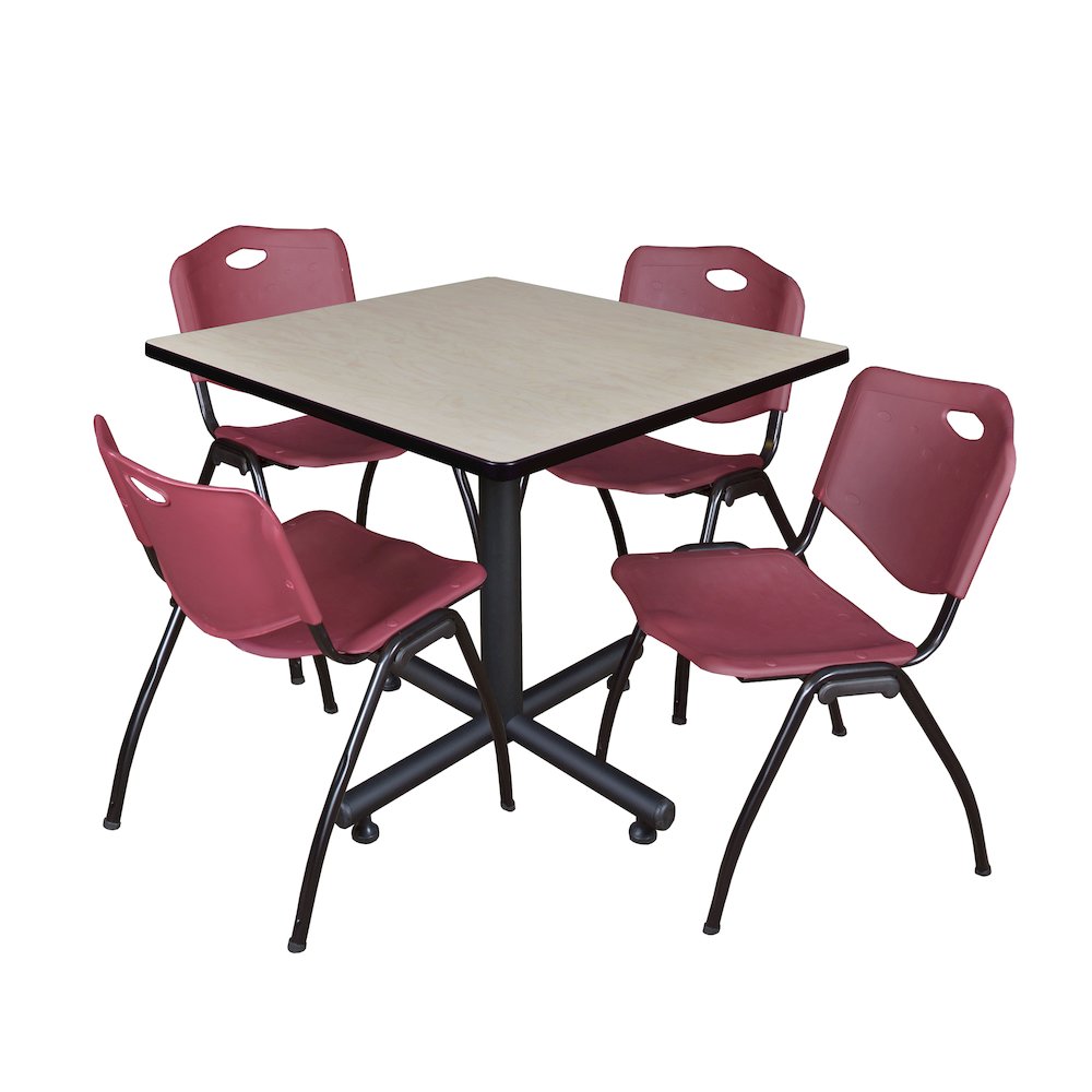 36 in. Square X-Base Breakroom Table- Maple, 4 M Stack Chairs- Burgundy