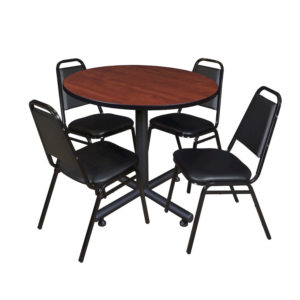 36 in. Round X-Base Breakroom Table- Cherry, 4 Restaurant Stack Chairs- Black