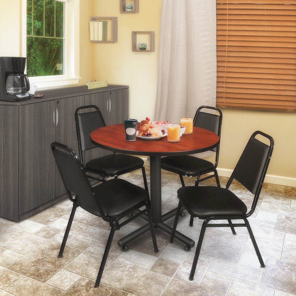 36 in. Round X-Base Breakroom Table- Cherry, 4 Restaurant Stack Chairs- Black