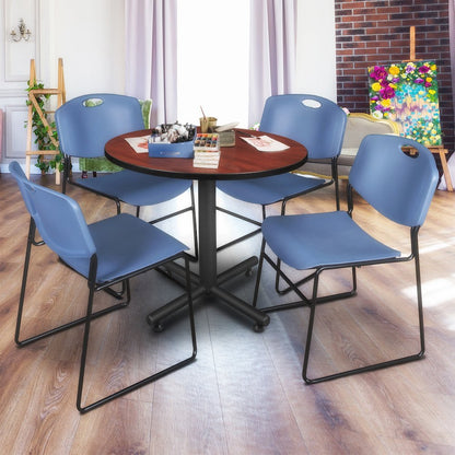 36 in. Round X-Base Breakroom Table- Cherry, 4 Zeng Stack Chairs- Blue