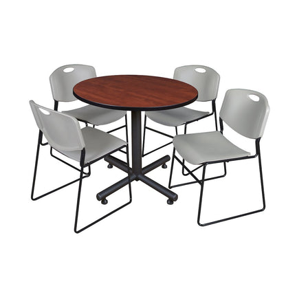 36 in. Round X-Base Breakroom Table- Cherry, 4 Zeng Stack Chairs- Grey