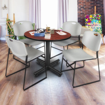 36 in. Round X-Base Breakroom Table- Cherry, 4 Zeng Stack Chairs- Grey