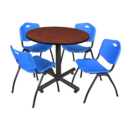 36 in. Round X-Base Breakroom Table- Cherry, 4 M Stack Chairs- Blue
