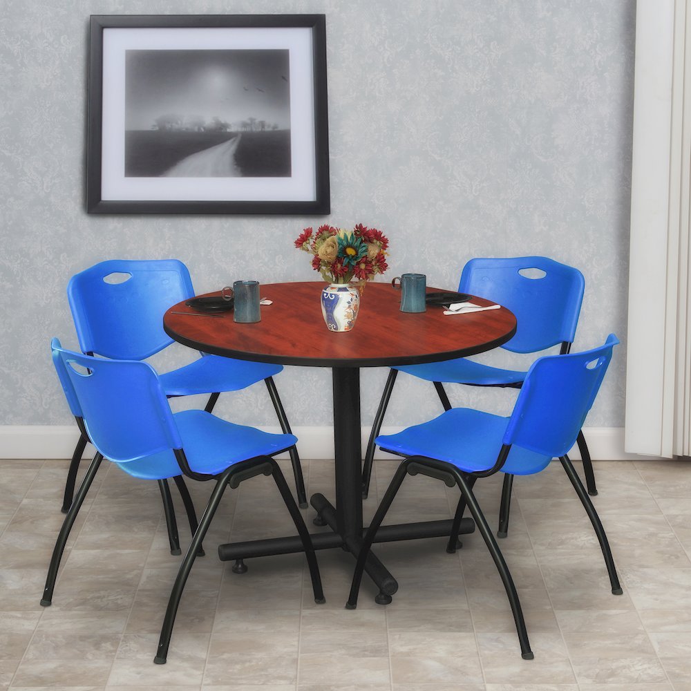 36 in. Round X-Base Breakroom Table- Cherry, 4 M Stack Chairs- Blue