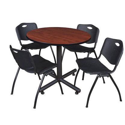 36 in. Round X-Base Breakroom Table- Cherry, 4 M Stack Chairs- Black
