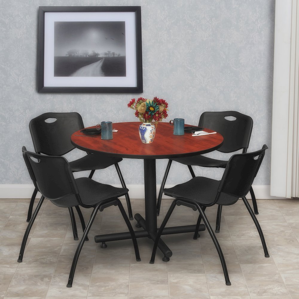 36 in. Round X-Base Breakroom Table- Cherry, 4 M Stack Chairs- Black