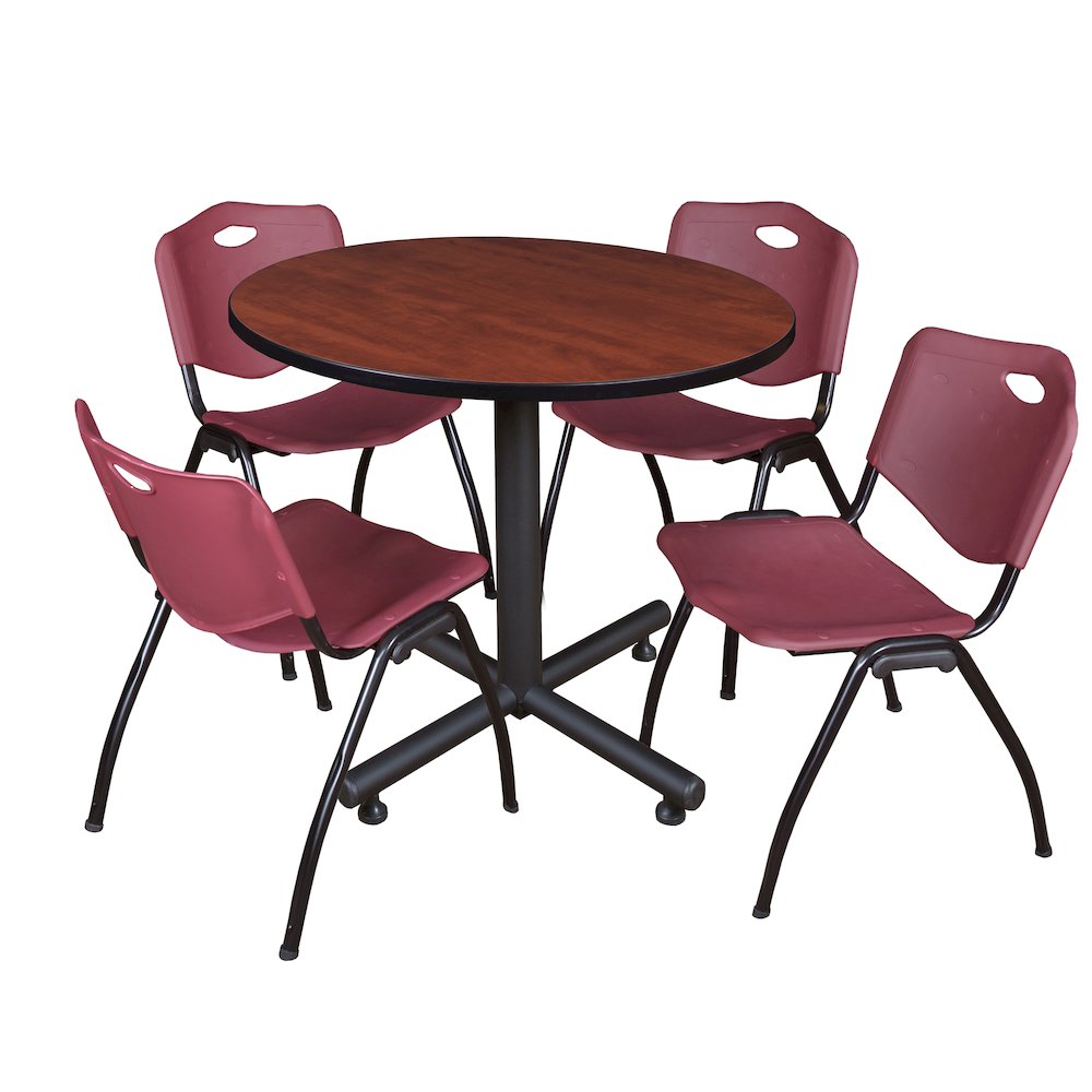 36 in. Round X-Base Breakroom Table- Cherry, 4 M Stack Chairs- Burgundy