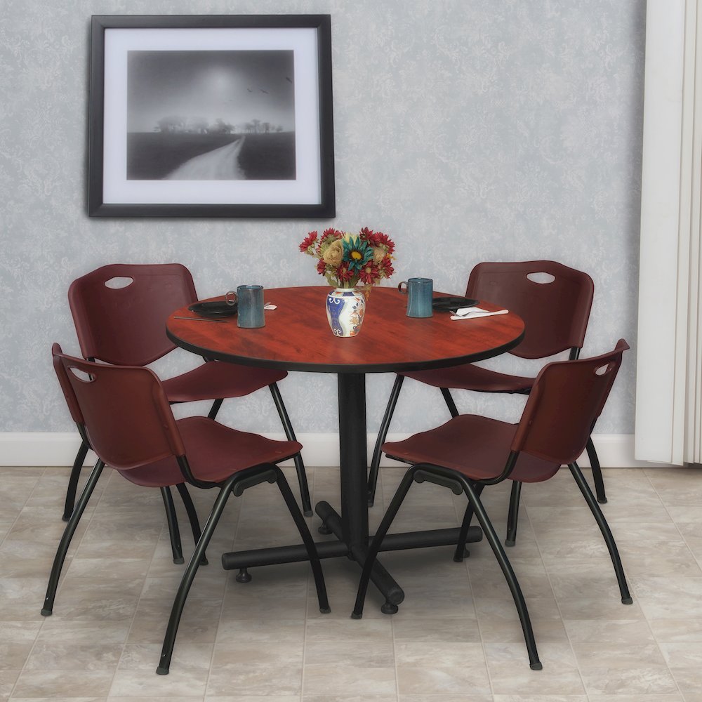 36 in. Round X-Base Breakroom Table- Cherry, 4 M Stack Chairs- Burgundy