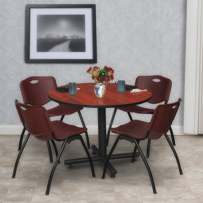 36 in. Round X-Base Breakroom Table- Cherry, 4 M Stack Chairs- Burgundy