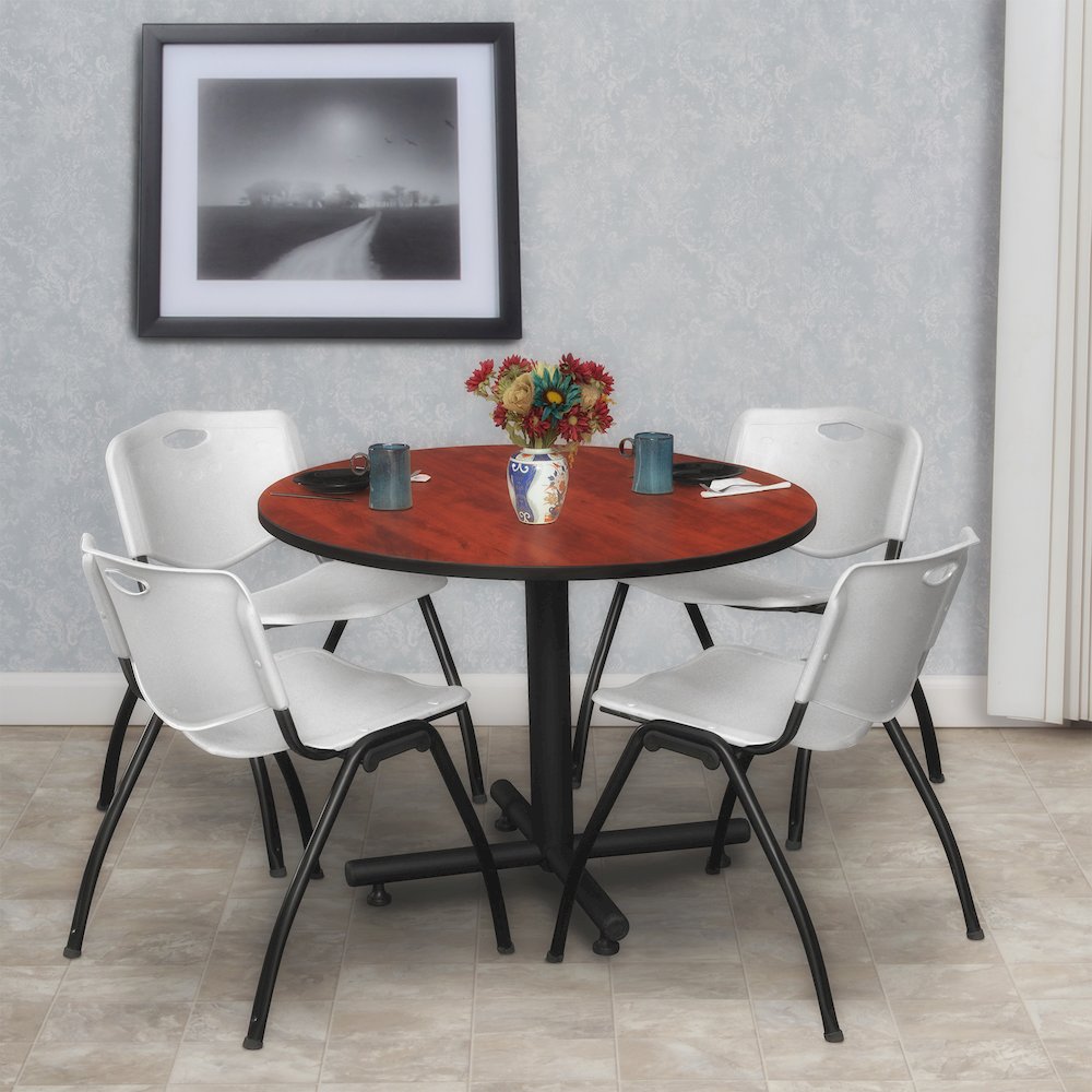 36 in. Round X-Base Breakroom Table- Cherry, 4 M Stack Chairs- Grey