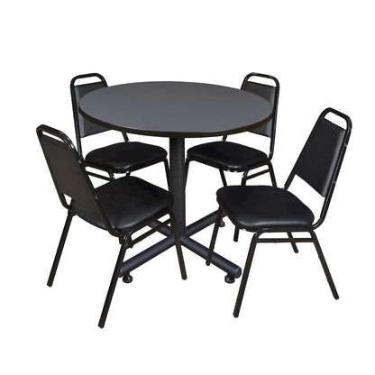 36 in. Round X-Base Breakroom Table- Grey, 4 Restaurant Stack Chairs- Black