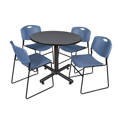 36 in. Round X-Base Breakroom Table- Grey, 4 Zeng Stack Chairs- Blue
