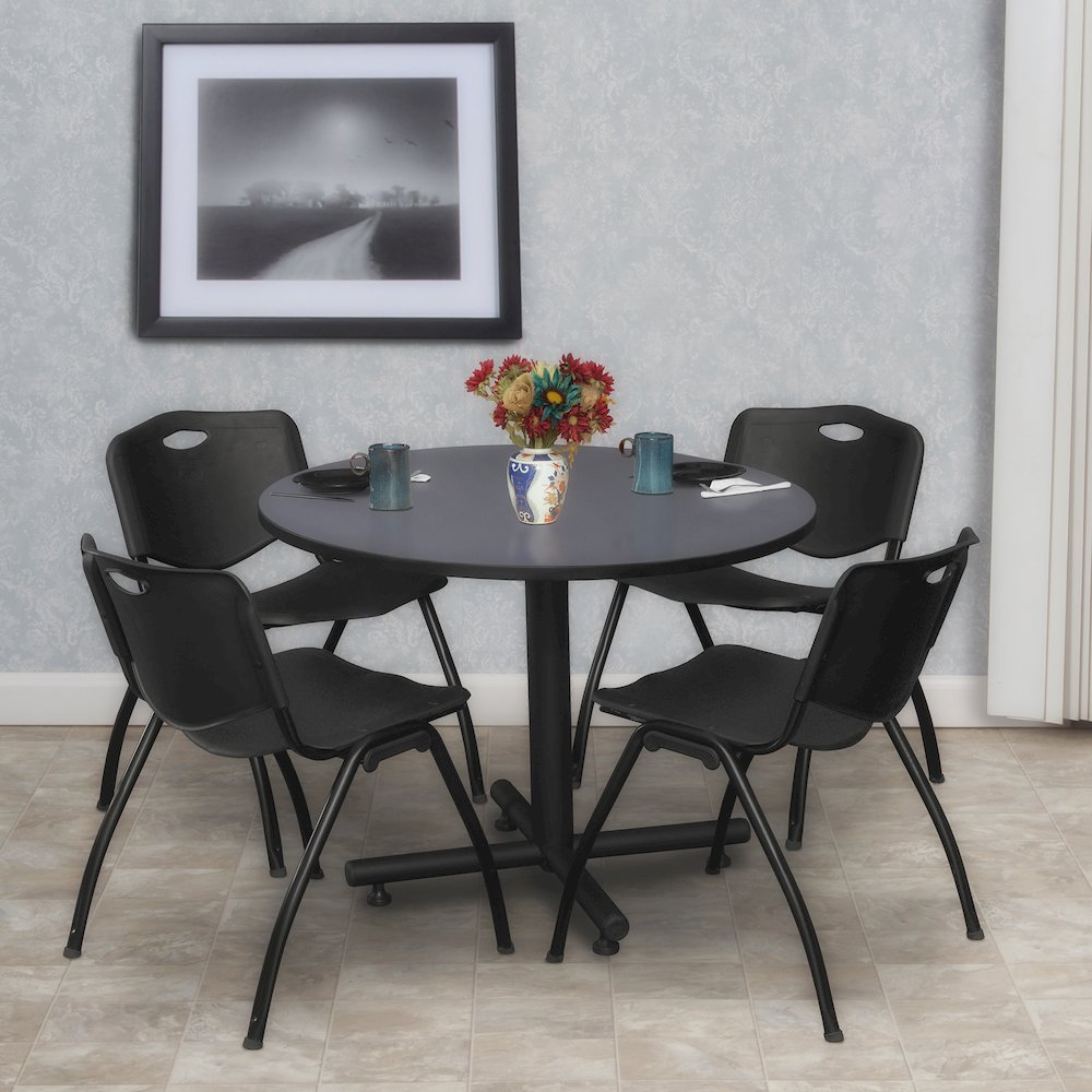 36 in. Round X-Base Breakroom Table- Grey, 4 M Stack Chairs- Black