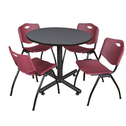 36 in. Round X-Base Breakroom Table- Grey, 4 M Stack Chairs- Burgundy