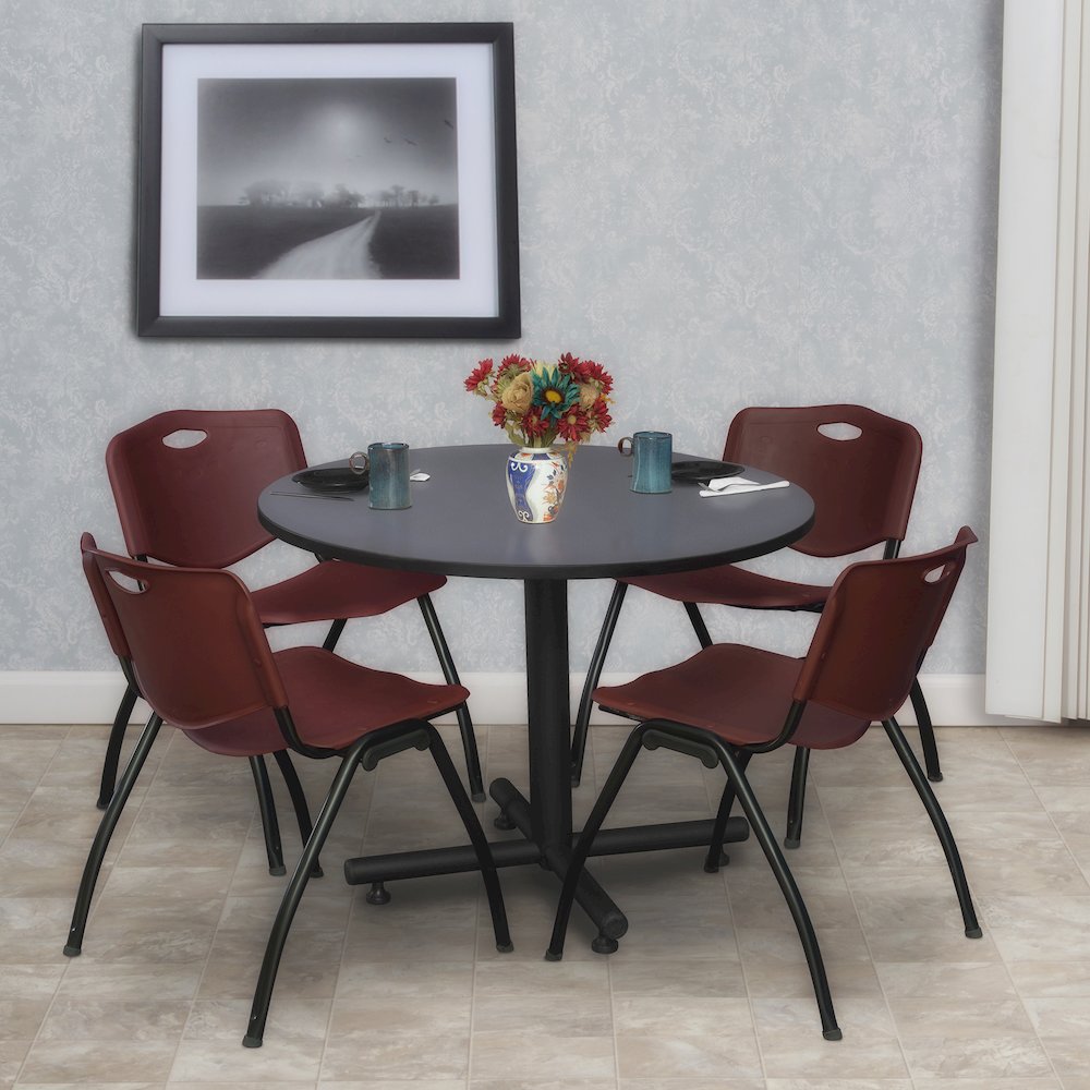 36 in. Round X-Base Breakroom Table- Grey, 4 M Stack Chairs- Burgundy
