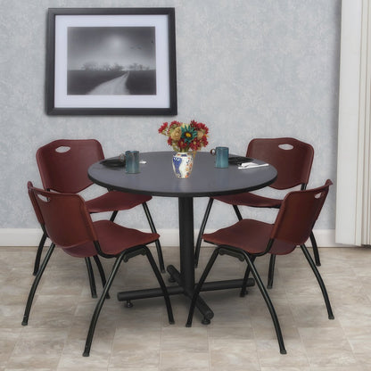 36 in. Round X-Base Breakroom Table- Grey, 4 M Stack Chairs- Burgundy