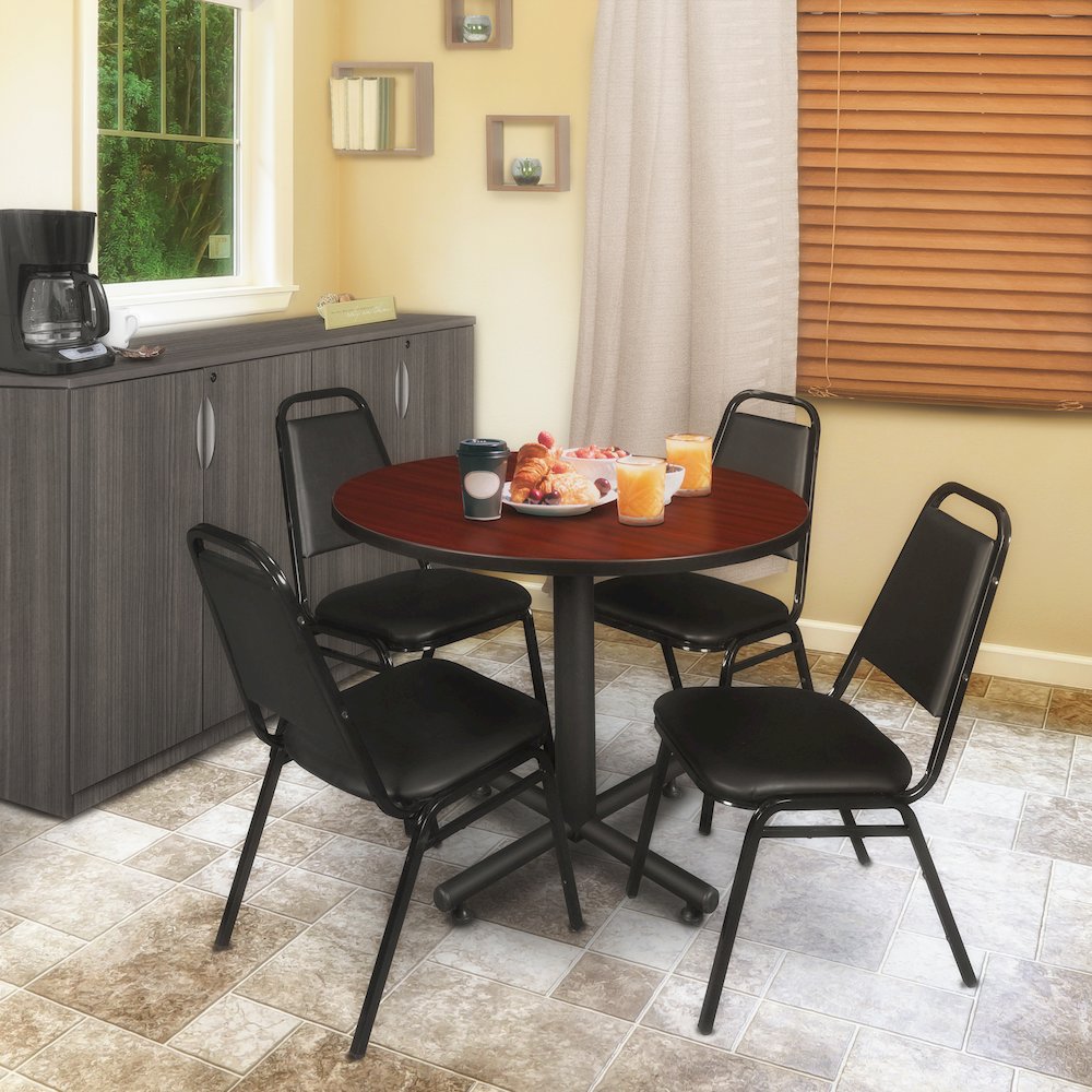 36 in. Round X-Base Breakroom Table- Mahogany, 4 Restaurant Stack Chairs- Black