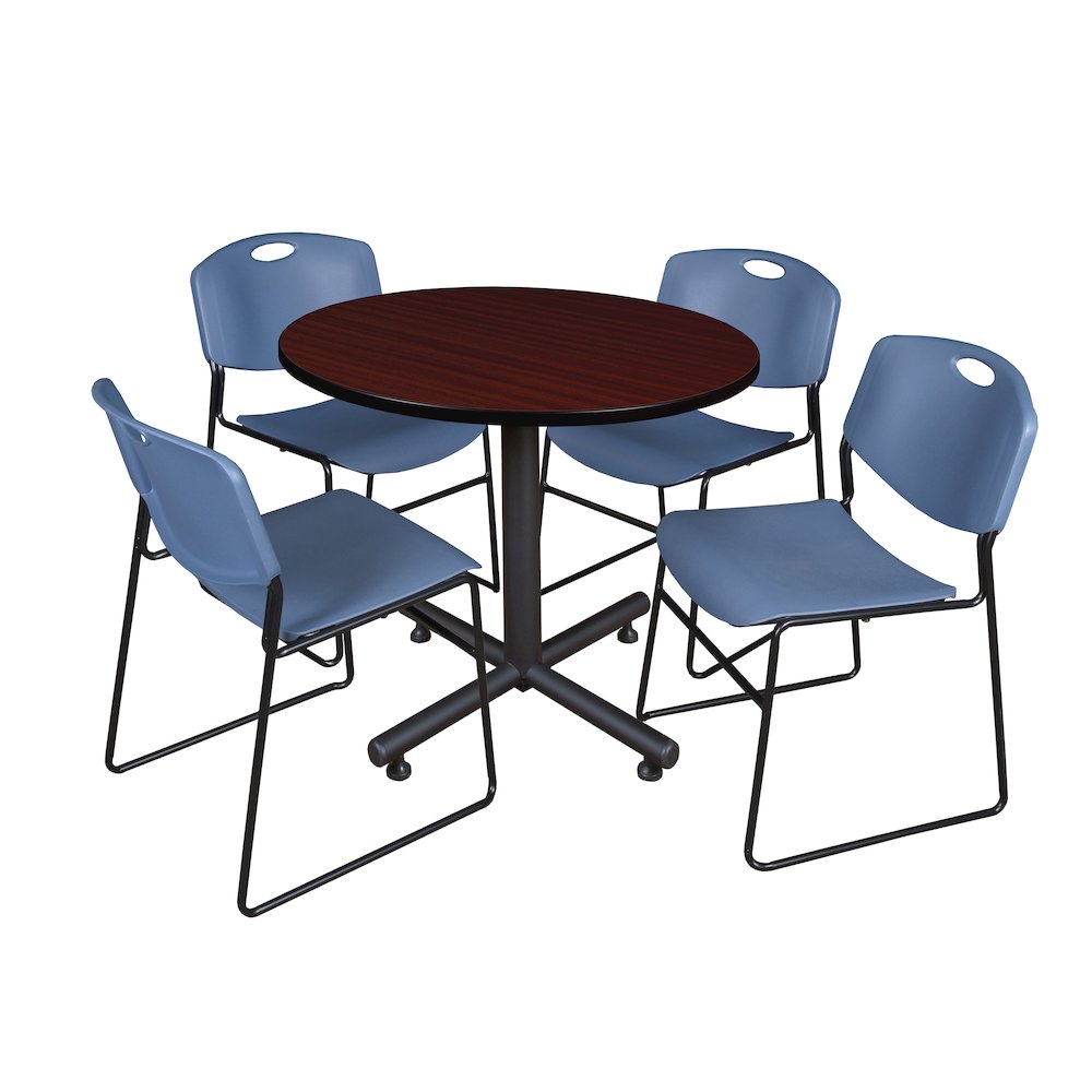 36 in. Round X-Base Breakroom Table- Mahogany, 4 Zeng Stack Chairs- Blue