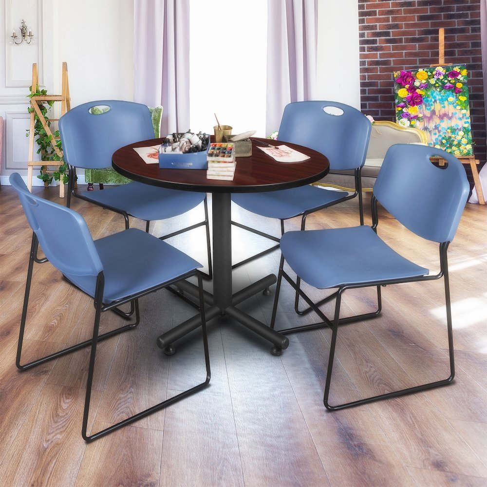 36 in. Round X-Base Breakroom Table- Mahogany, 4 Zeng Stack Chairs- Blue