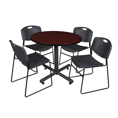 36 in. Round X-Base Breakroom Table- Mahogany, 4 Zeng Stack Chairs- Black