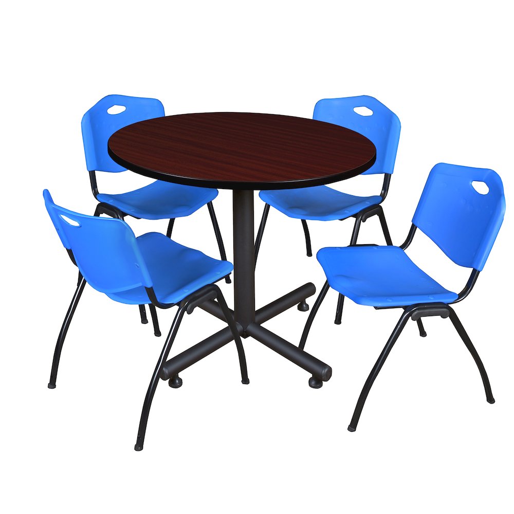 36 in. Round X-Base Breakroom Table- Mahogany, 4 M Stack Chairs- Blue
