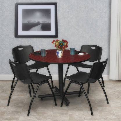 36 in. Round X-Base Breakroom Table- Mahogany, 4 M Stack Chairs- Black