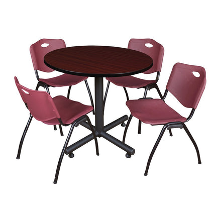 36 in. Round X-Base Breakroom Table- Mahogany, 4 M Stack Chairs- Burgundy