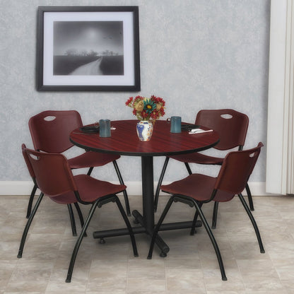 36 in. Round X-Base Breakroom Table- Mahogany, 4 M Stack Chairs- Burgundy