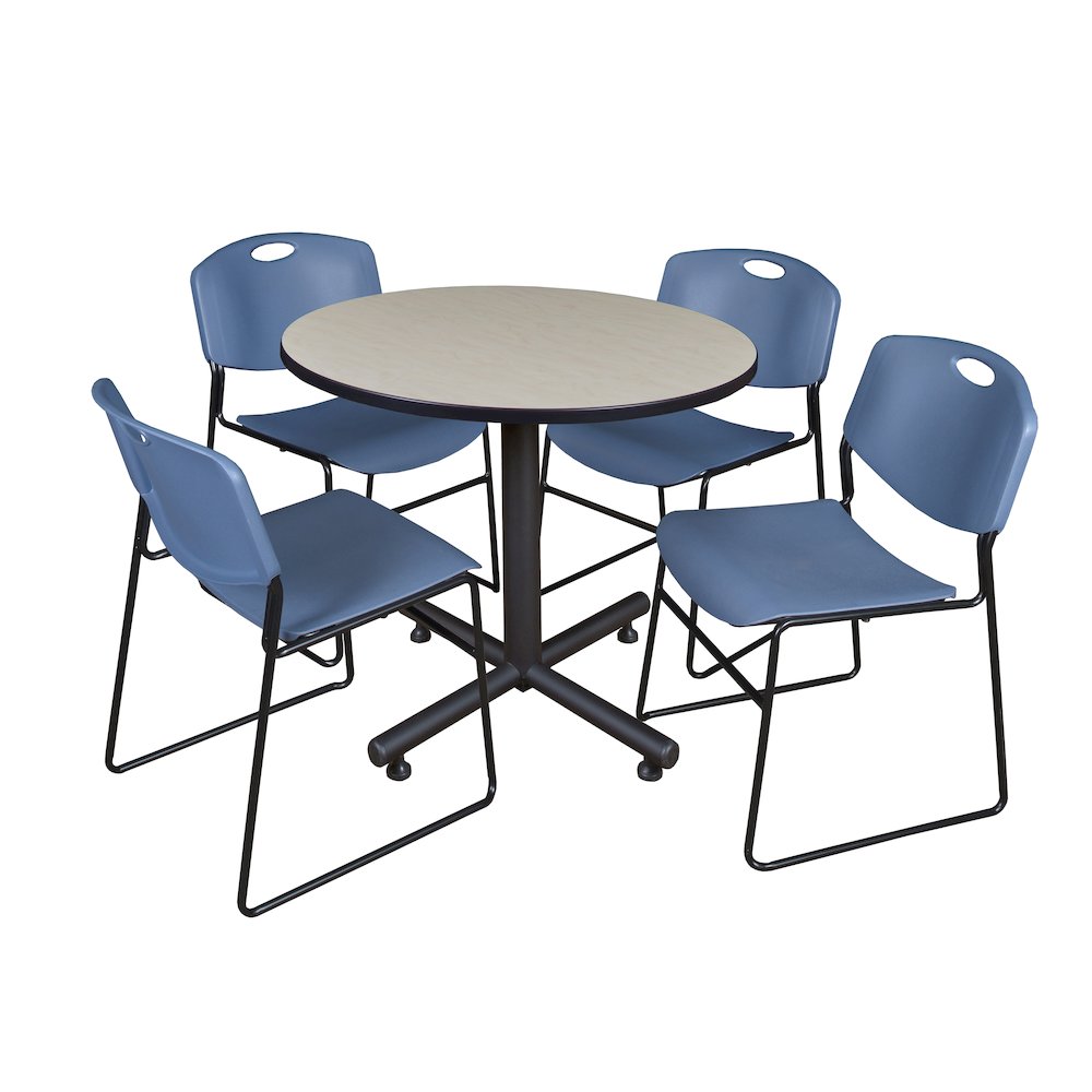 36 in. Round X-Base Breakroom Table- Maple, 4 Zeng Stack Chairs- Blue