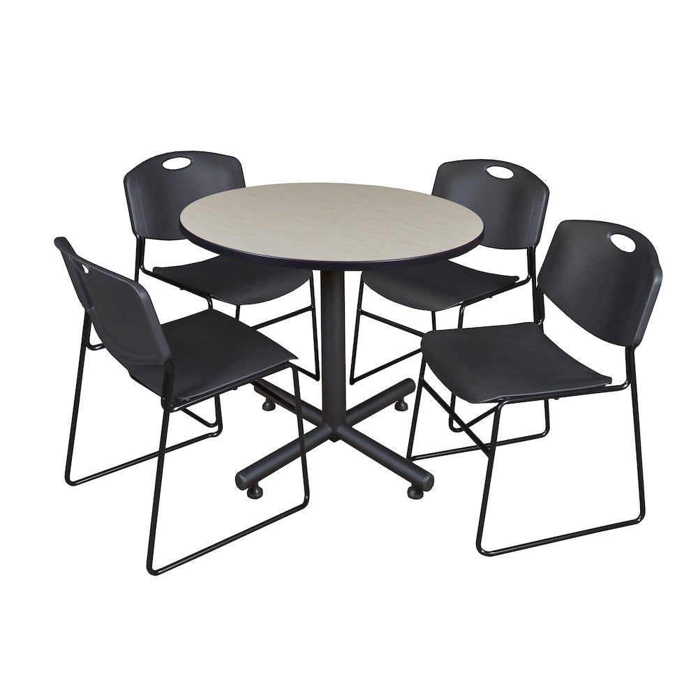 36 in. Round X-Base Breakroom Table- Maple, 4 Zeng Stack Chairs- Black