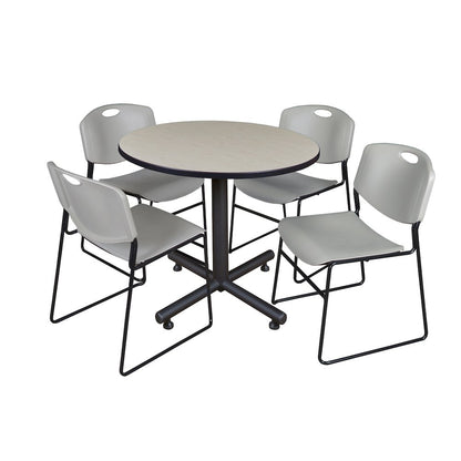 36 in. Round X-Base Breakroom Table- Maple, 4 Zeng Stack Chairs- Grey