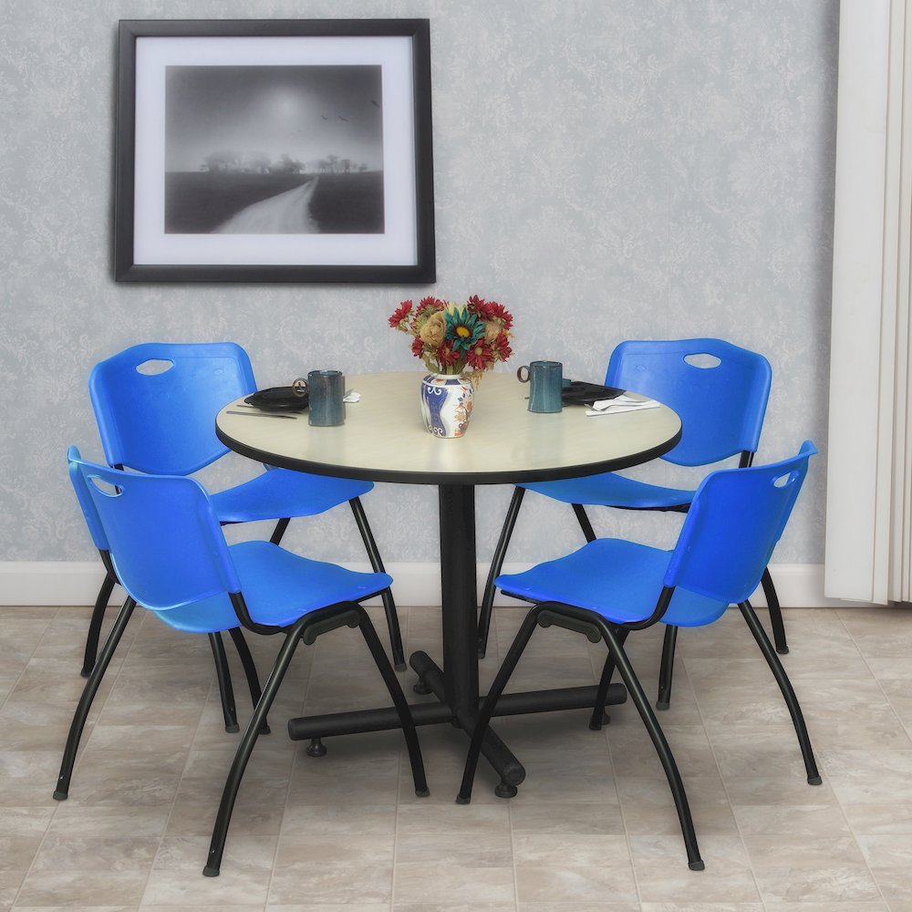 36 in. Round X-Base Breakroom Table- Maple, 4 M Stack Chairs- Blue