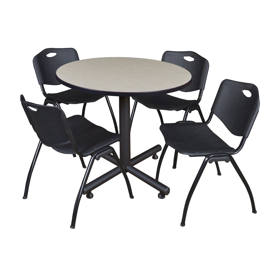 36 in. Round X-Base Breakroom Table- Maple, 4 M Stack Chairs- Black