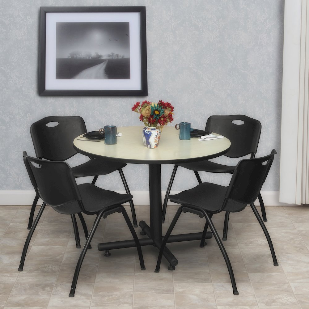 36 in. Round X-Base Breakroom Table- Maple, 4 M Stack Chairs- Black