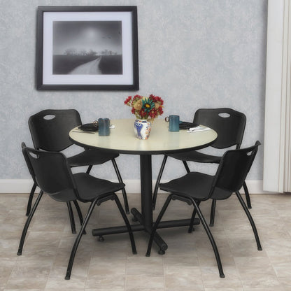 36 in. Round X-Base Breakroom Table- Maple, 4 M Stack Chairs- Black