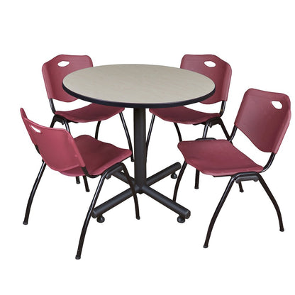 36 in. Round X-Base Breakroom Table- Maple, 4 M Stack Chairs- Burgundy