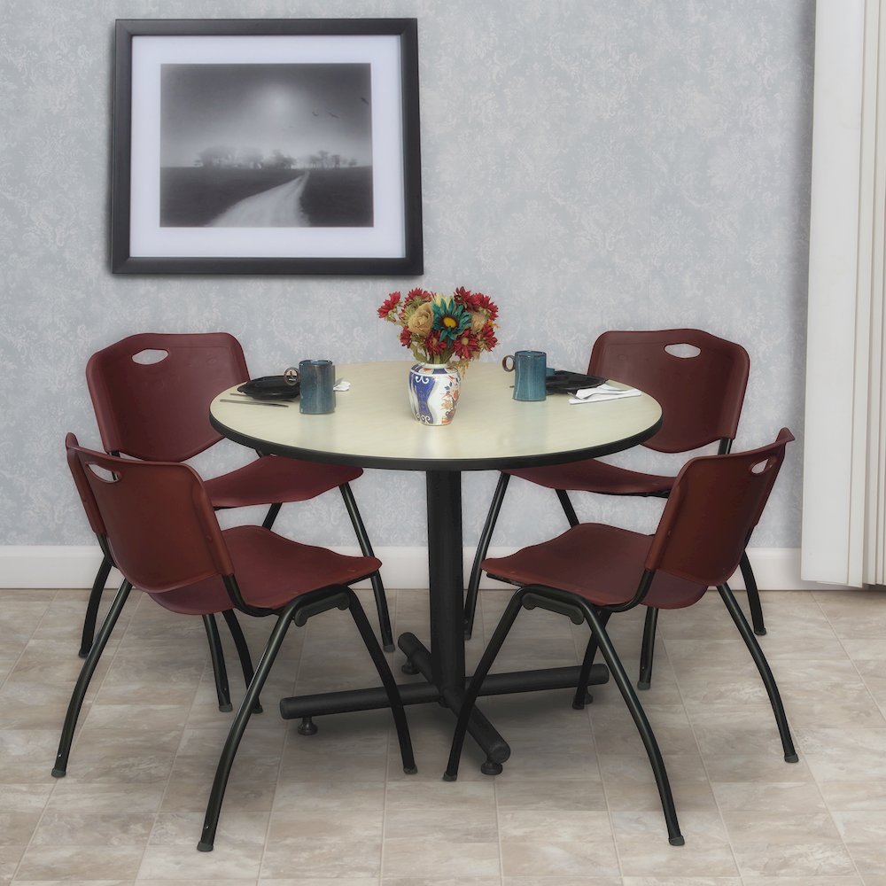 36 in. Round X-Base Breakroom Table- Maple, 4 M Stack Chairs- Burgundy